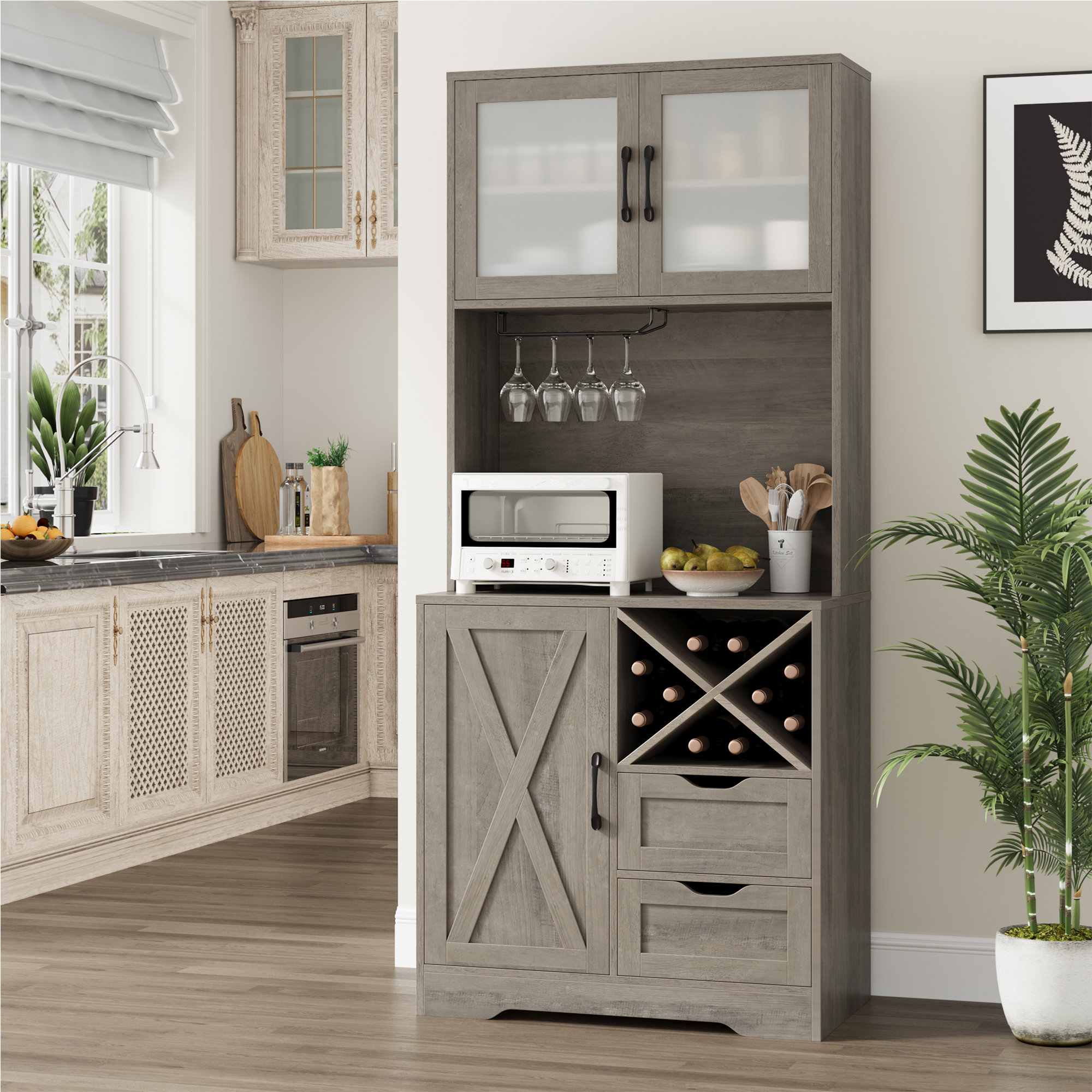 Gracie Oaks 71" Tall Pantry with Wine Storage, Microwave Shelf